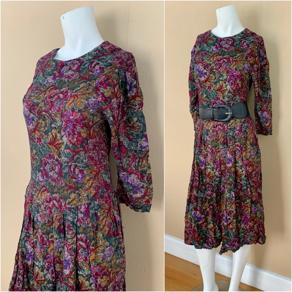 Vintage Floral Long Sleeve Dress | 90's A-Line 3/4 Sleeve Midi Dress